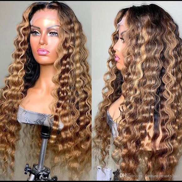 Honey Blonde with Streak Deep Wave lace front Human hair wig